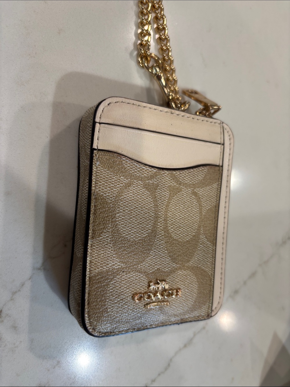 Coach Signature Canvas Mini Card Case with Cream Trim and Gold Chain
